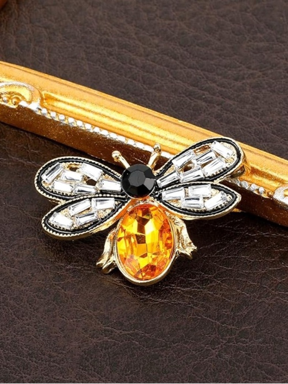 Vintage Gold Honey Bee Brooch with Amber Crystal Accent